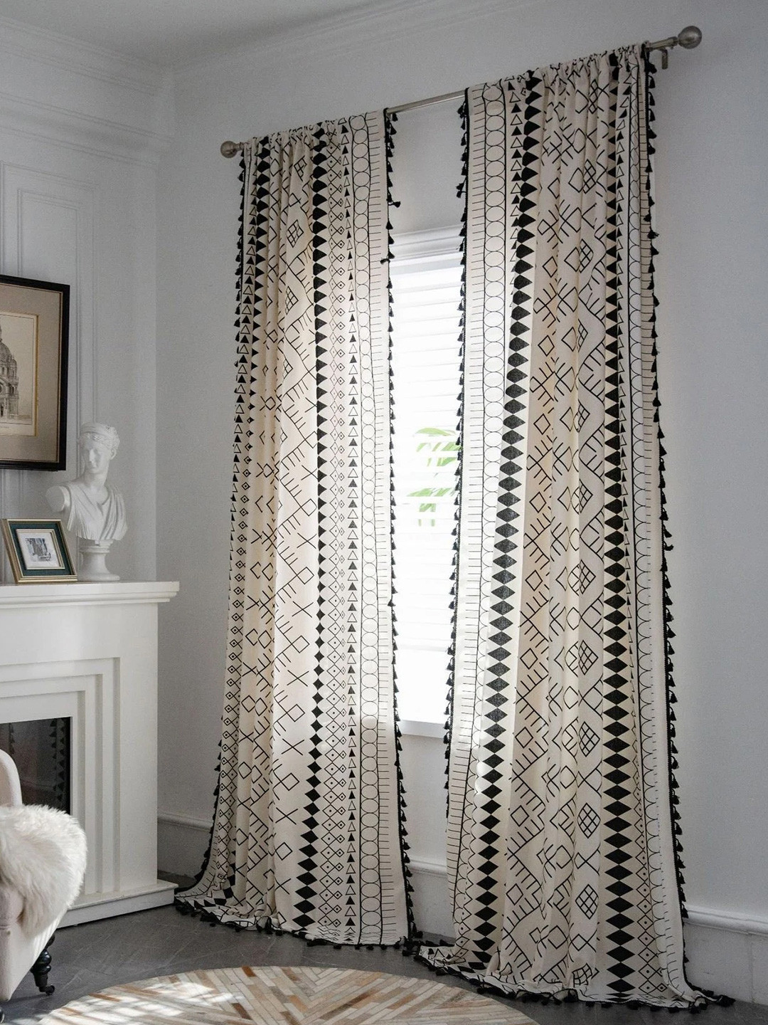 Huesland Black & White Geometric Printed Cotton Room Darkening Long Door Curtain