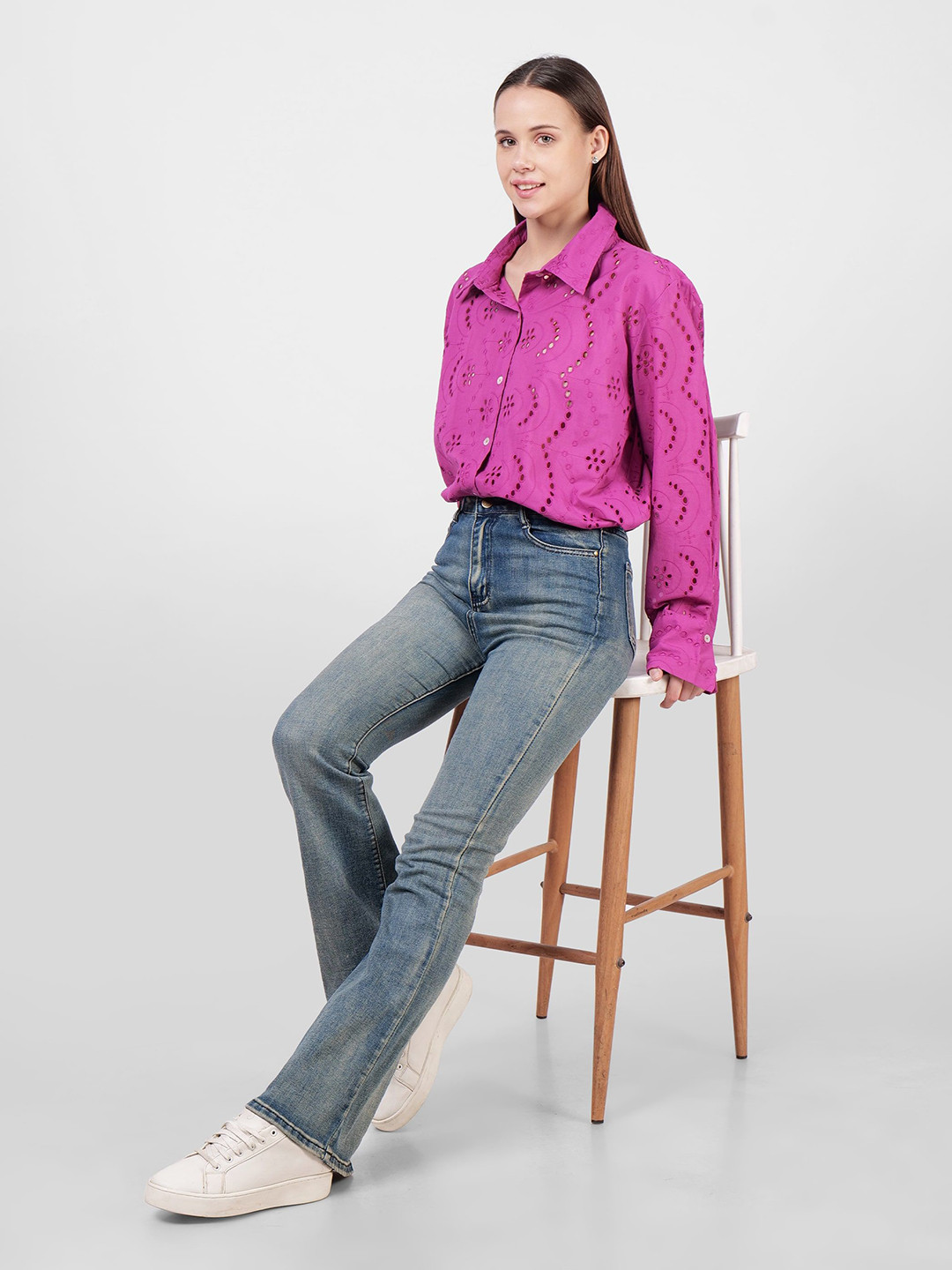 DRIRO Women Classic Fit Self Design Spread Collar Cotton Casual Shirt