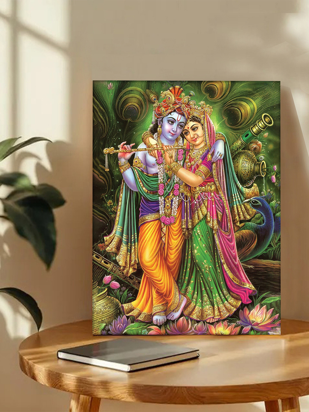 Art Street Green & Orange Colored Sri Radha Krishna Printed Canvas Wall Art