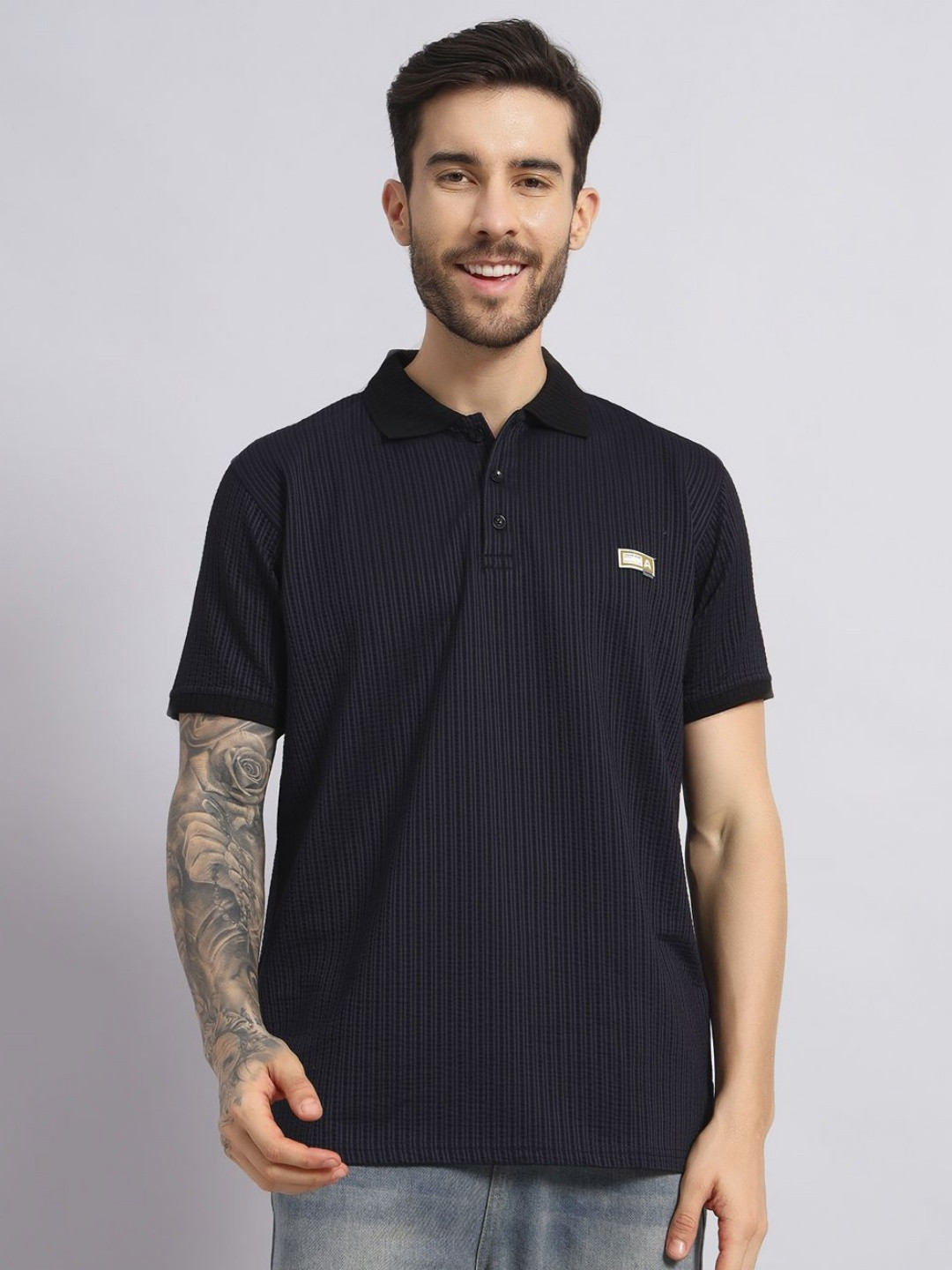 SANDPIPER Men Self Design Polo Collar Cotton T-shirt