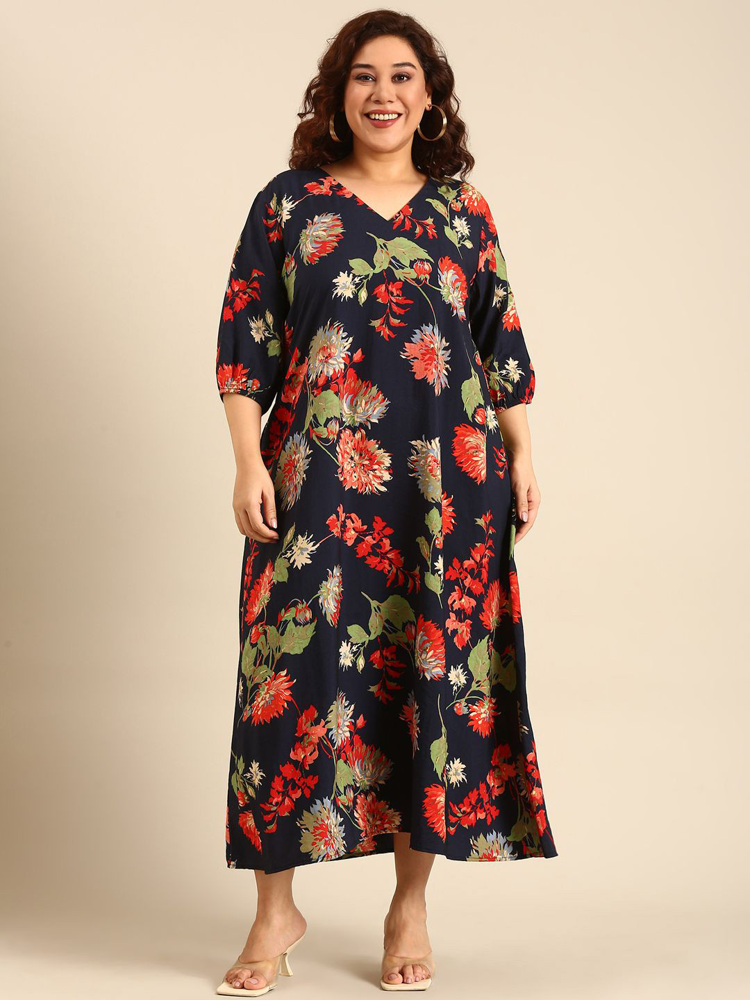 The Pink Moon Floral Printed Puff Sleeve A-Line Midi Dress