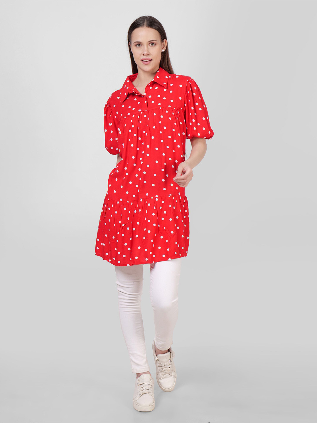 DRIRO Women Geometric Polka Printed Puff Sleeve Cotton Tunic