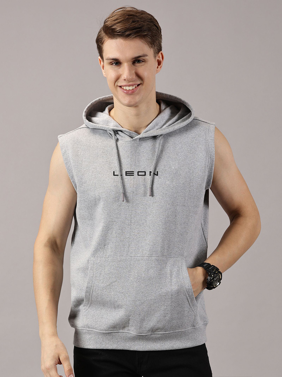LEON Men Hooded Sleeveless Typography Printed Sweatshirt