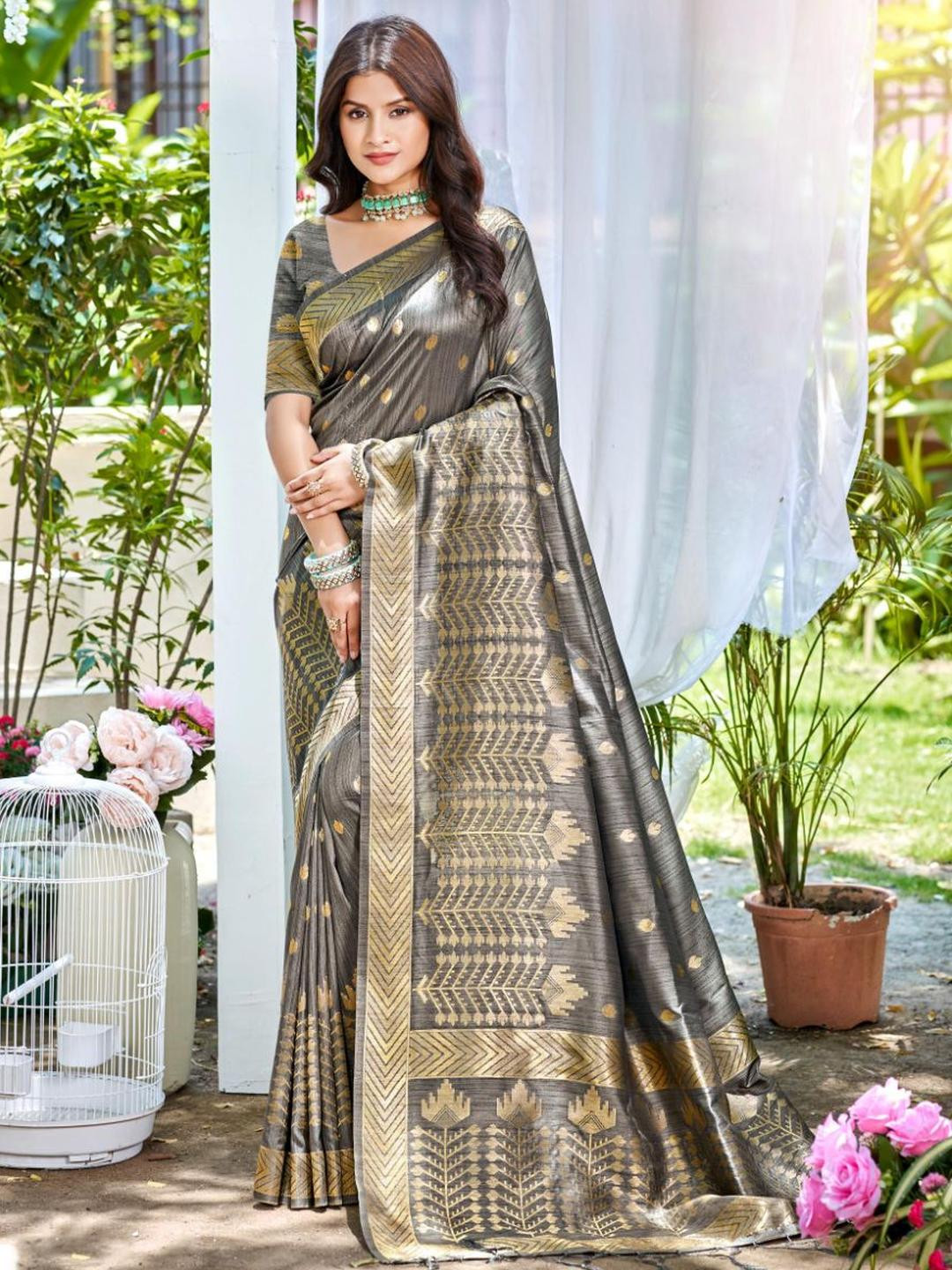 SANGAM PRINTS Floral Woven Design Zari Assam Silk Tussar Saree With Blouse Pieces