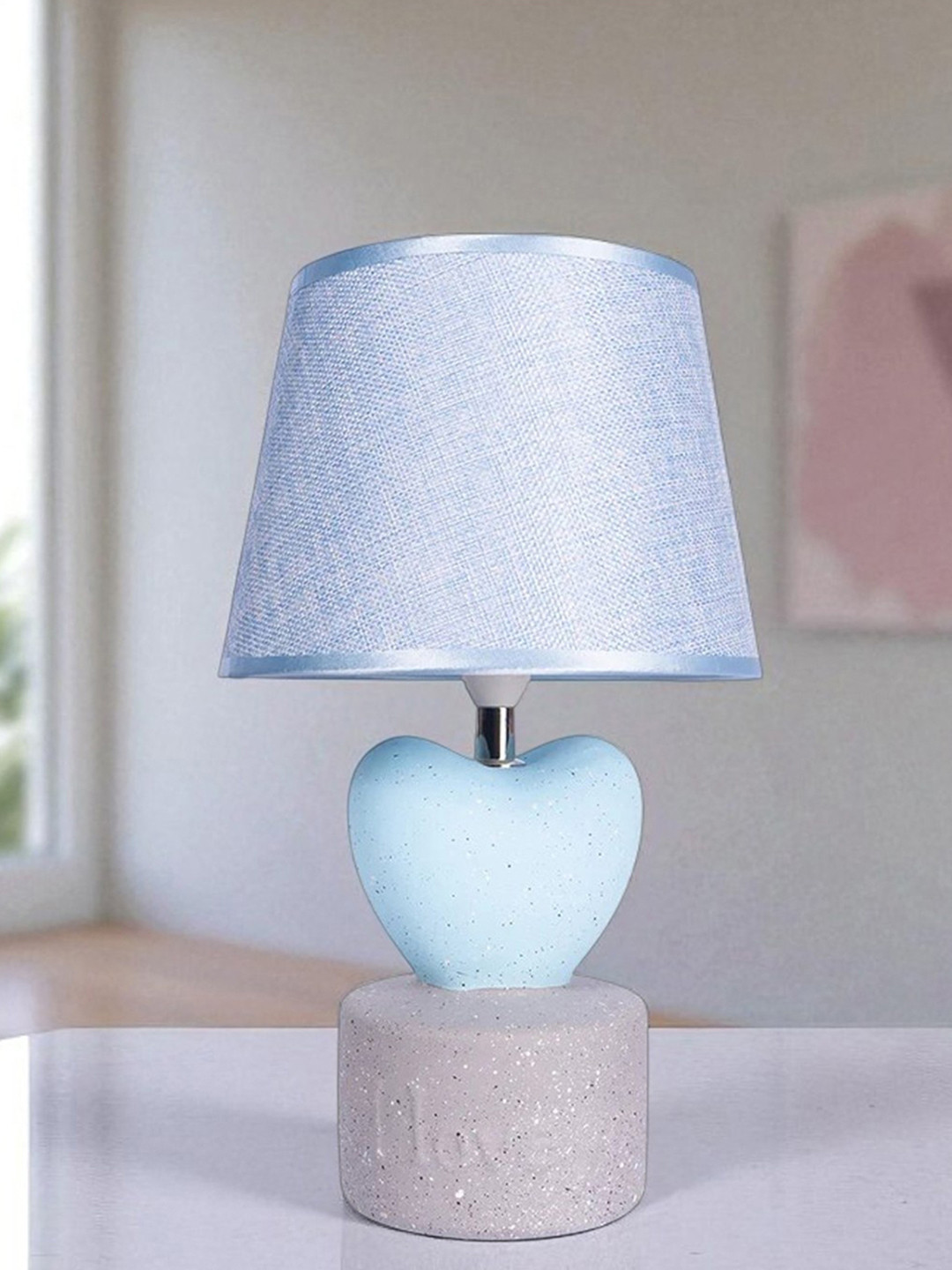 Blue Table Lamp Elegance With Innovative Design  With Jute Textured Lampshade Heart Shaped  Ceramic Base