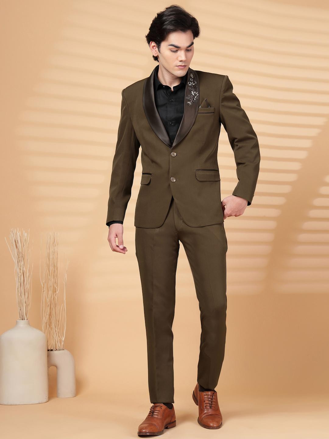 Klotthe  Men Brown Solid Embroidery Single-Breasted Two-Piece Party Suit