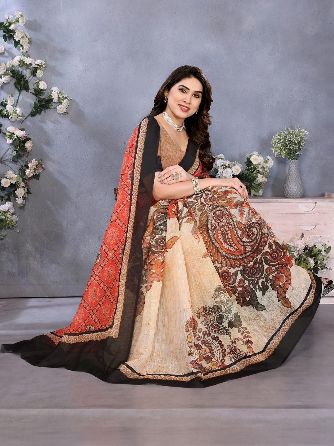 VJ FASHION Women Plain Linen Digital Printed Saree with Unstitched Blouse Piece