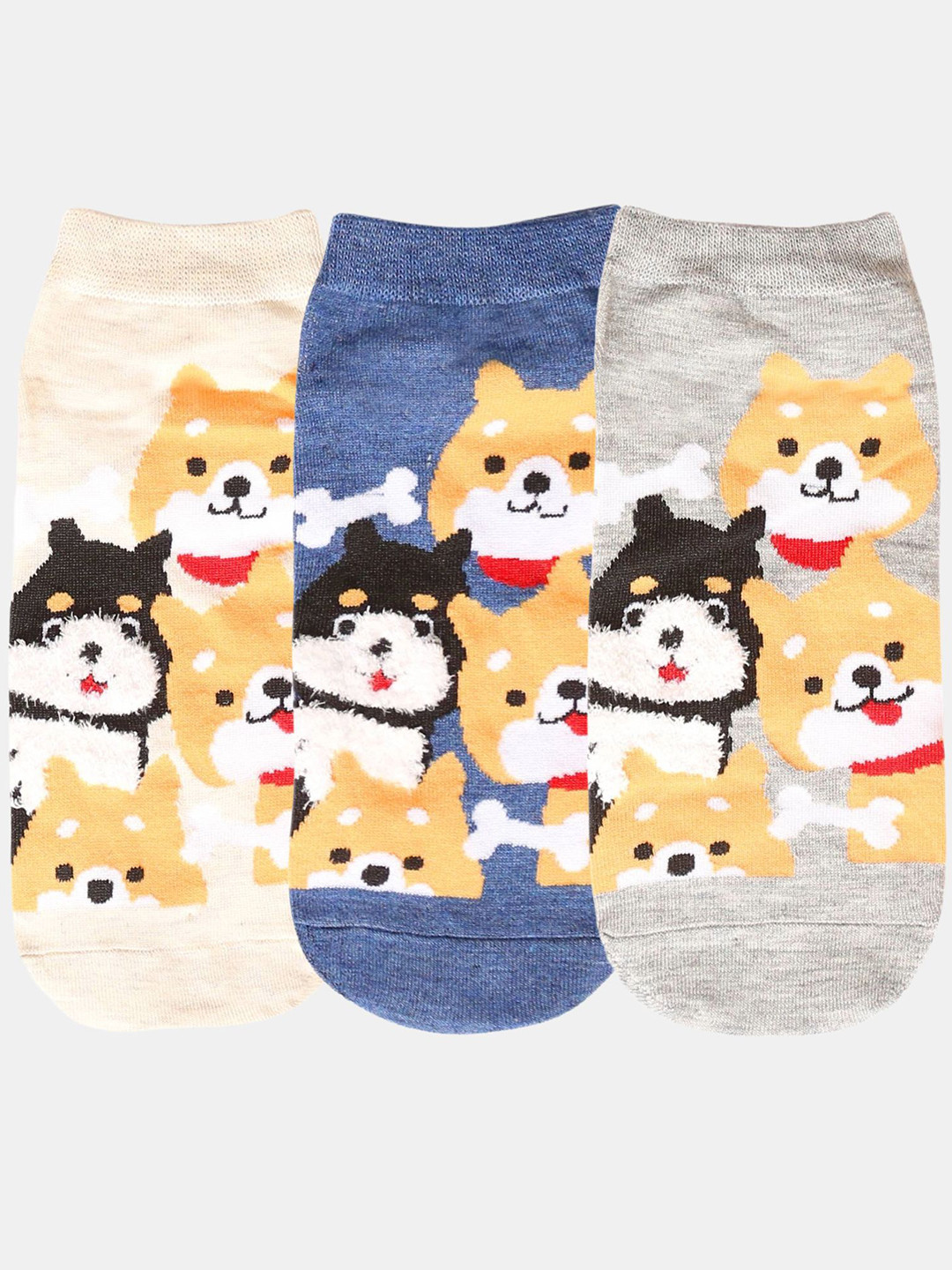 N2S NEXT2SKIN Women Pack Of 3 Sneaker Puppy Pattern Cotton Socks