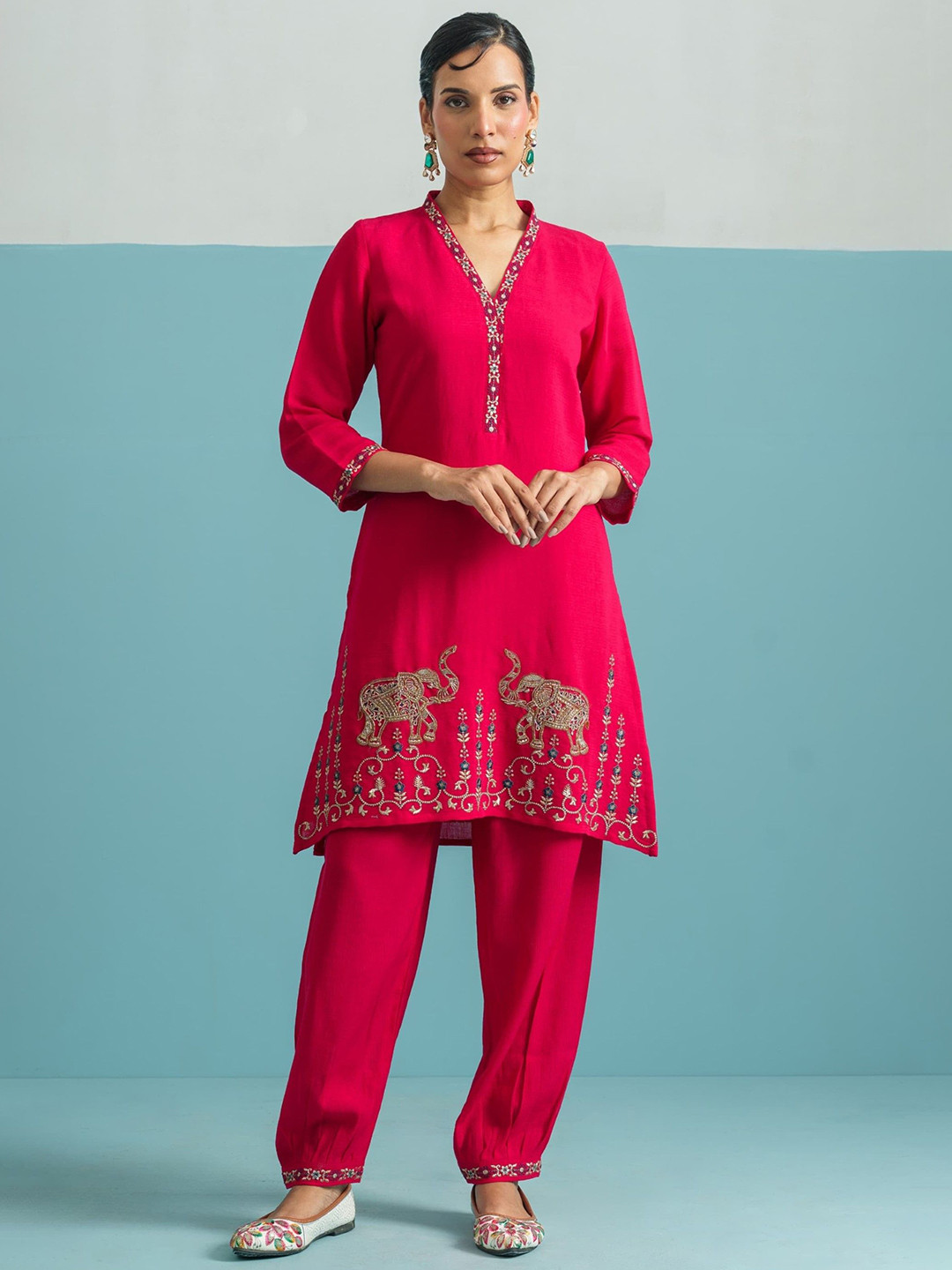 AUTUMN LANE Parikrama Rose Women Handwork V Neck Embroidered Top With Trousers Co-Ords