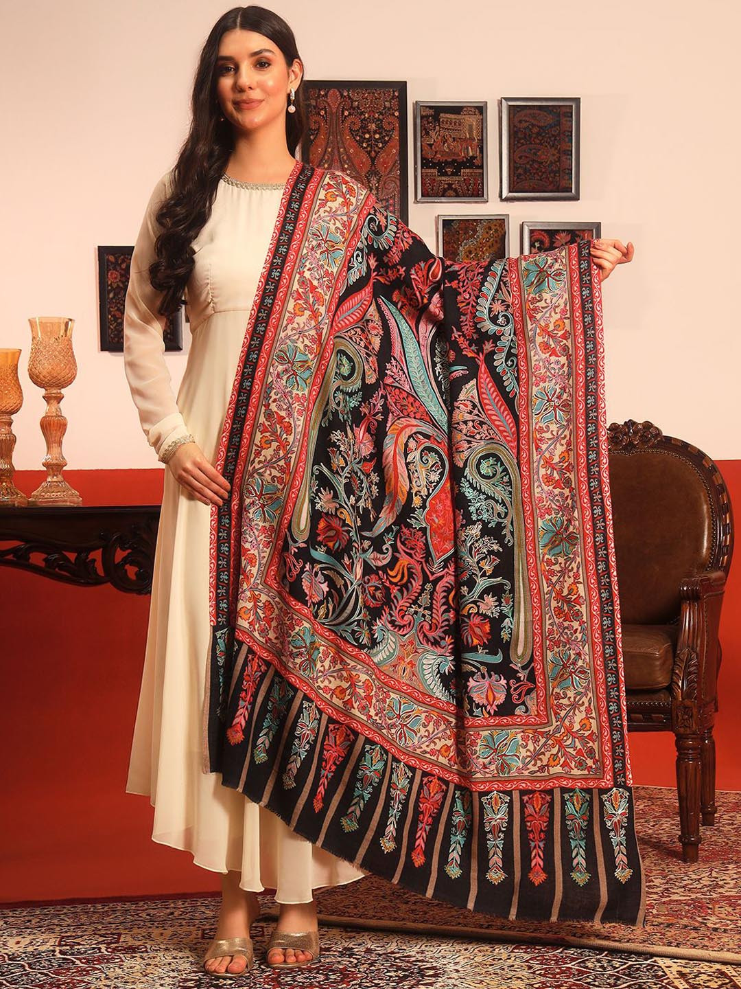Pashmoda Rangkalam Paisley Embroidered Kalamkari Shawl