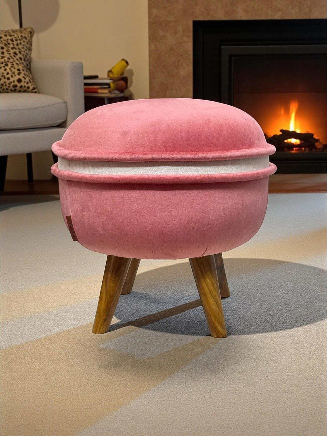 KURCHEE Pink Wooden Macro Round Ottoman