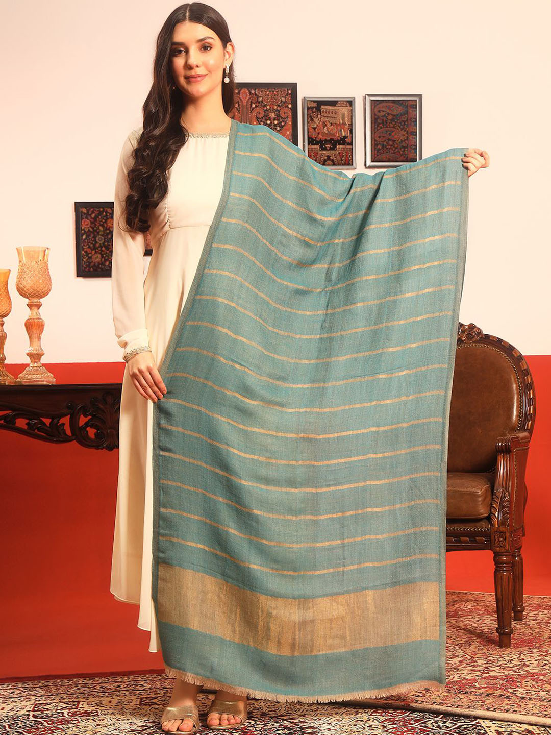 Pashmoda Striped Woven Design Reversible Gulzarim Shawl