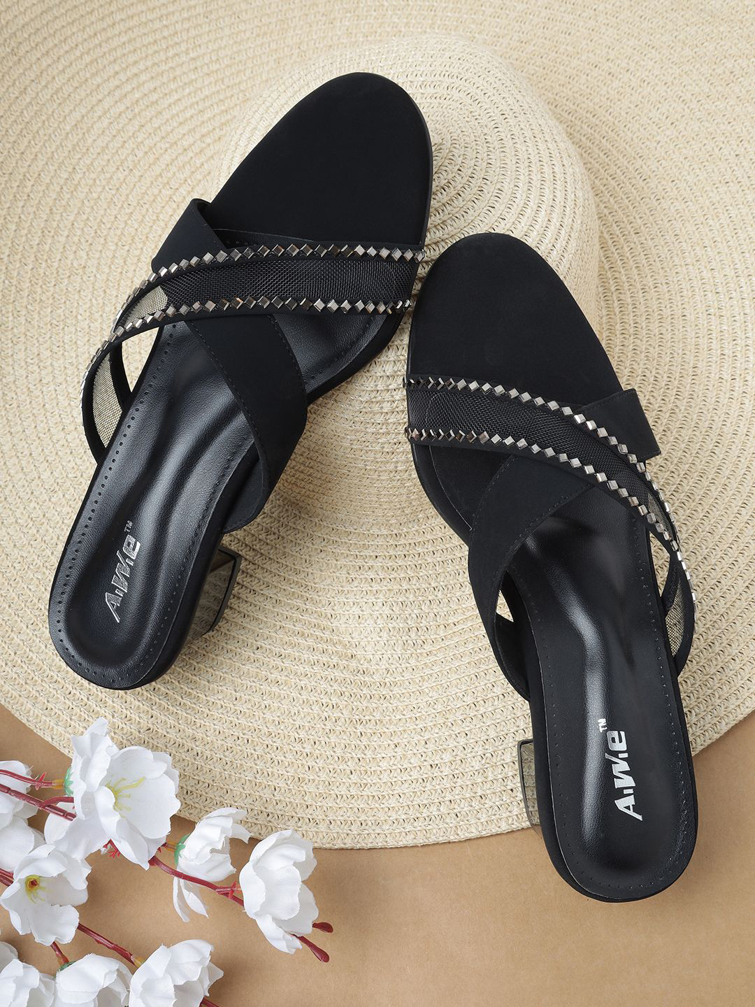 AIWIE Women Slip-On Block Heeled Sandals  with Embellished Cross Straps