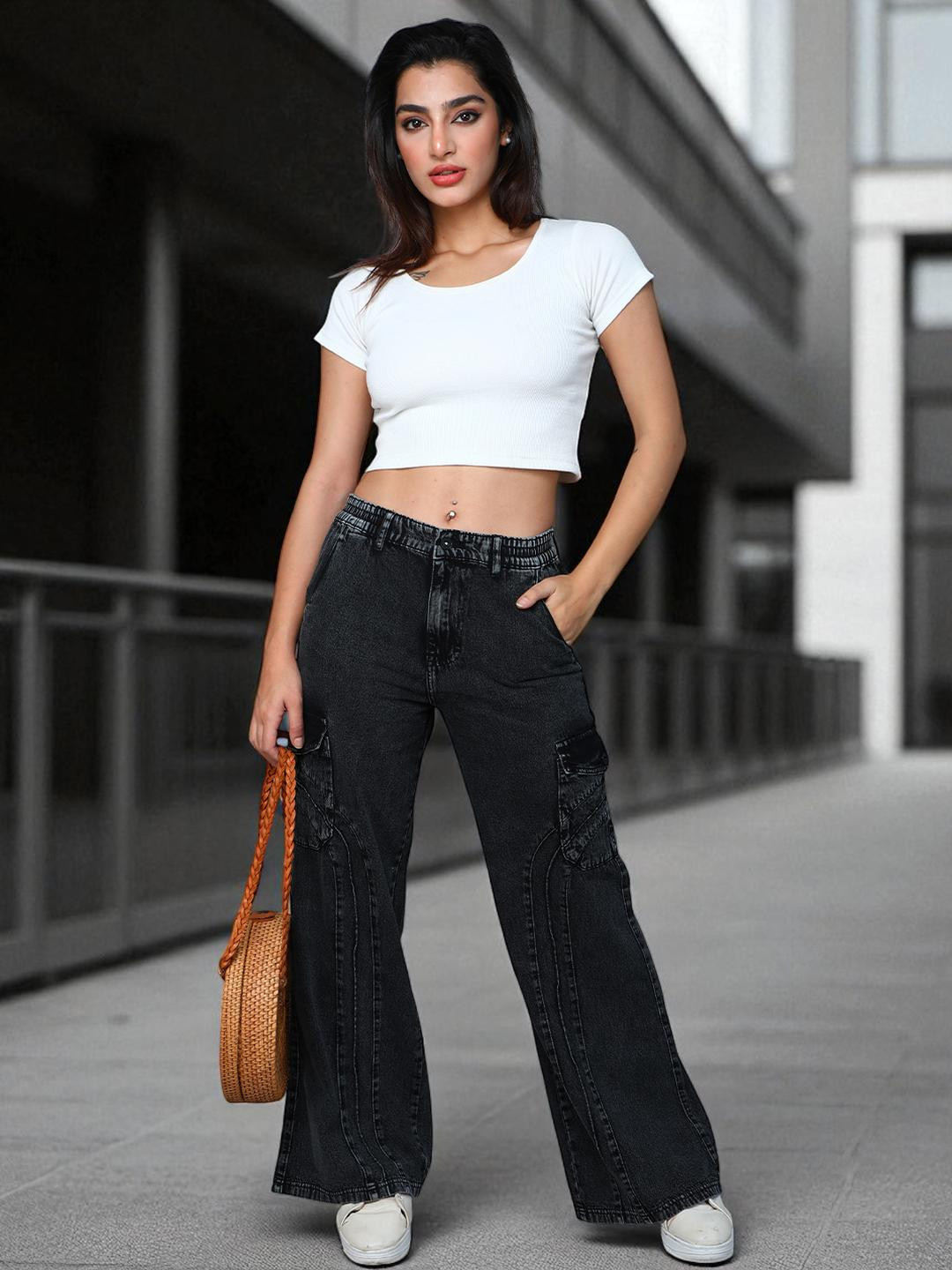 FCK-3 Women Black Denim Wide Leg High-Rise Stretchable Jeans
