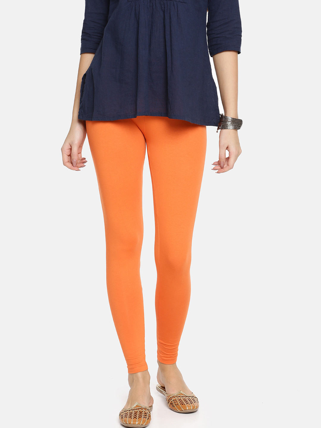 TWIN BIRDS Women Cotton Blend Solid Orange Tango Ankle Length Legging