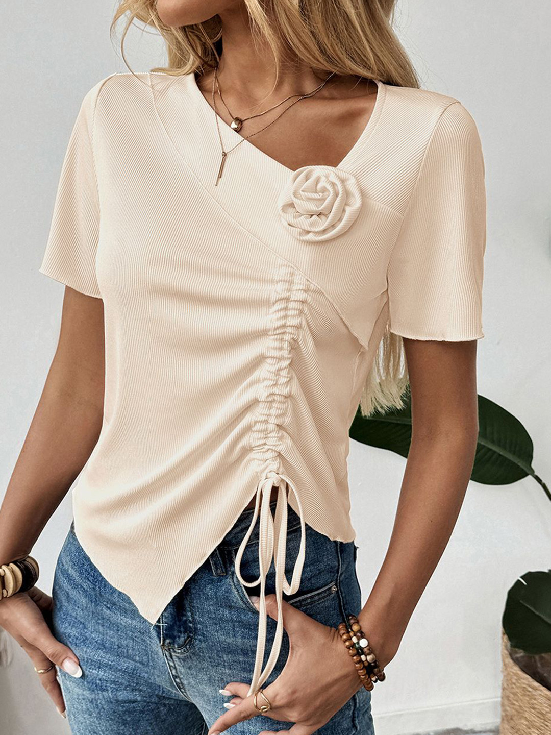 JC Mode V-Neck Asymmetric Hem Top