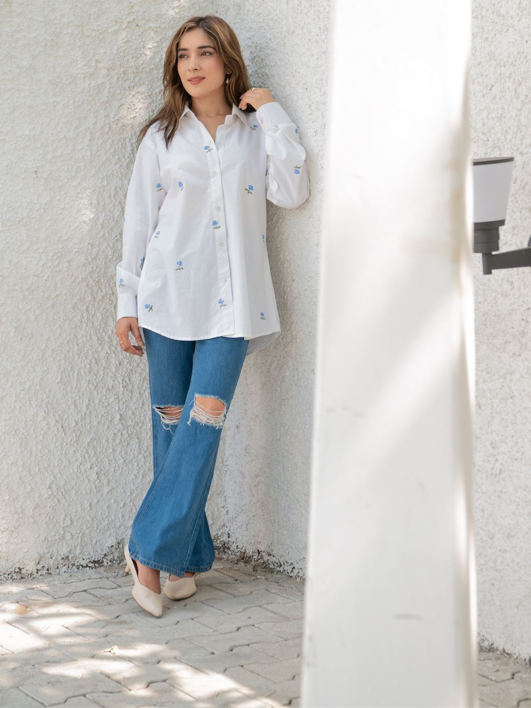OCTOBER Porcelain Blue Rose Handpainted Cotton Shirt