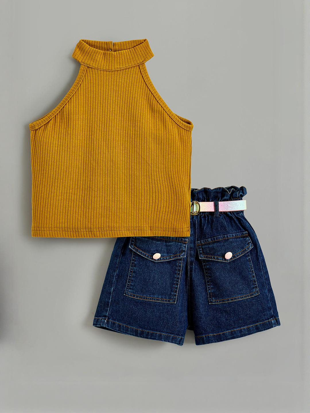 2-Pc Textured Blouse & Denim Shorts