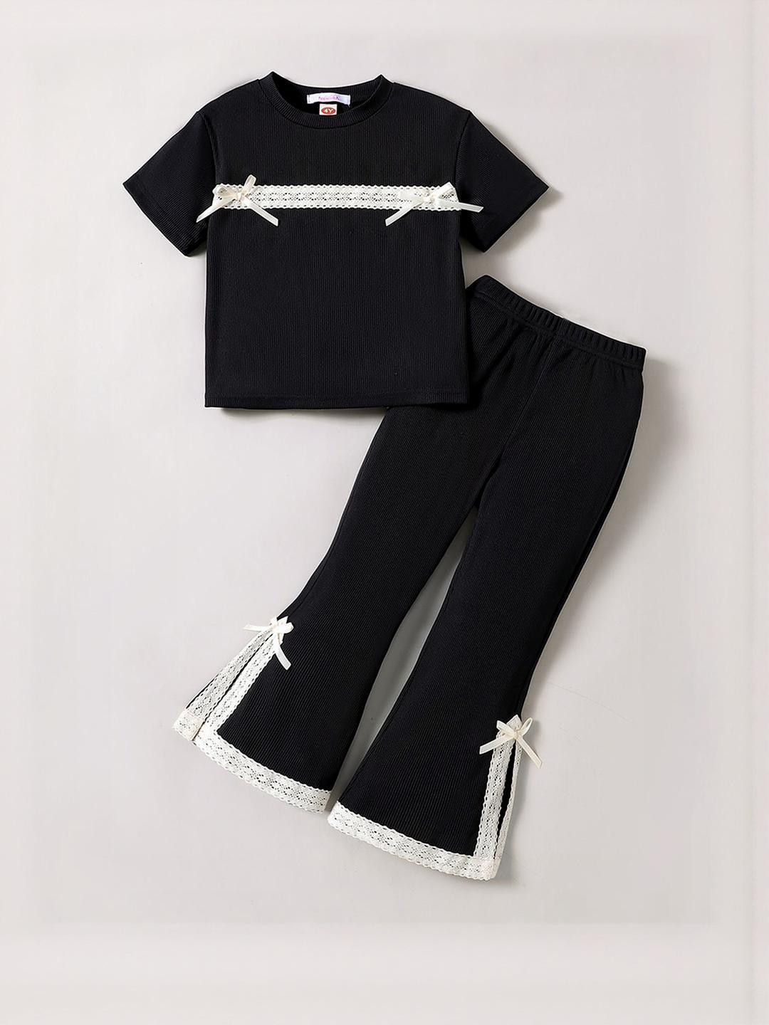 2-Pc Lace Trim Ribbed Pant Set