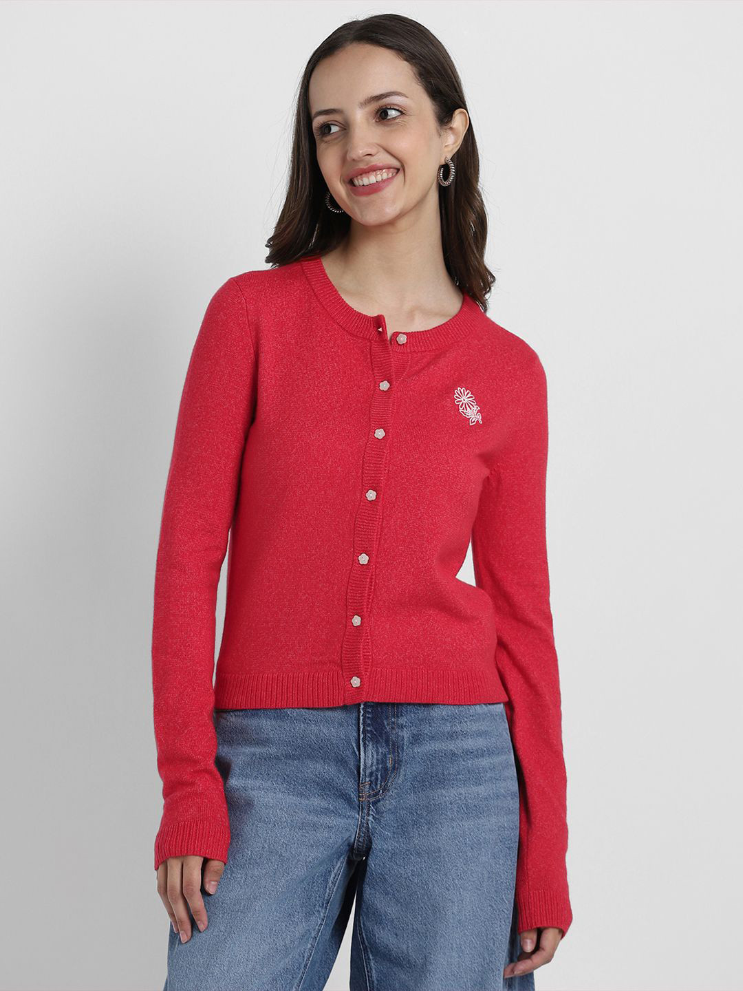 AMERICAN EAGLE OUTFITTERS Floral Embroidered Round Neck Cotton Cardigan