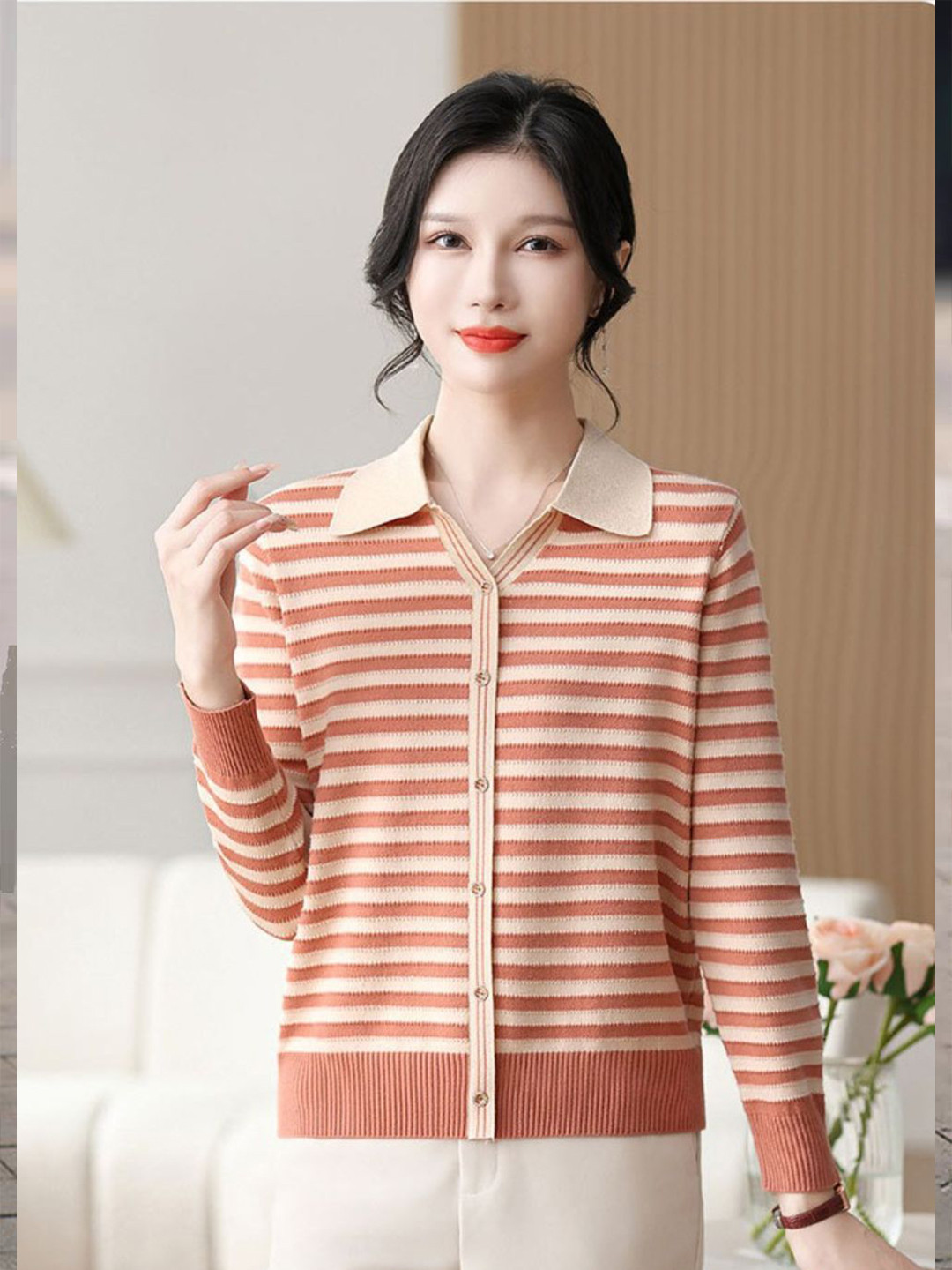 all about you Striped Collared Button-Front Cardigan
