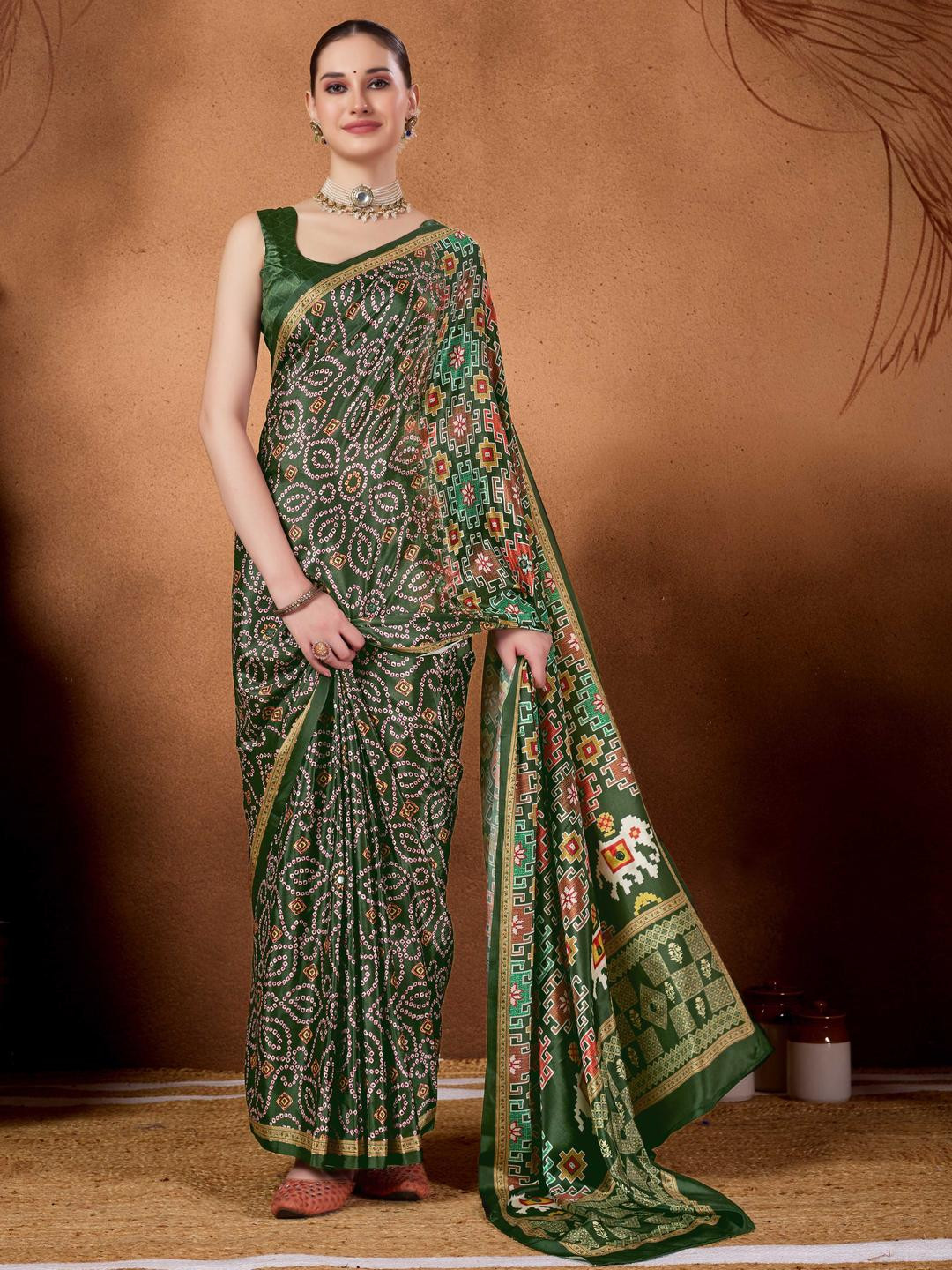 RACHNA Embalished Bandhani Printed mirror Work Ready To Wear Saree