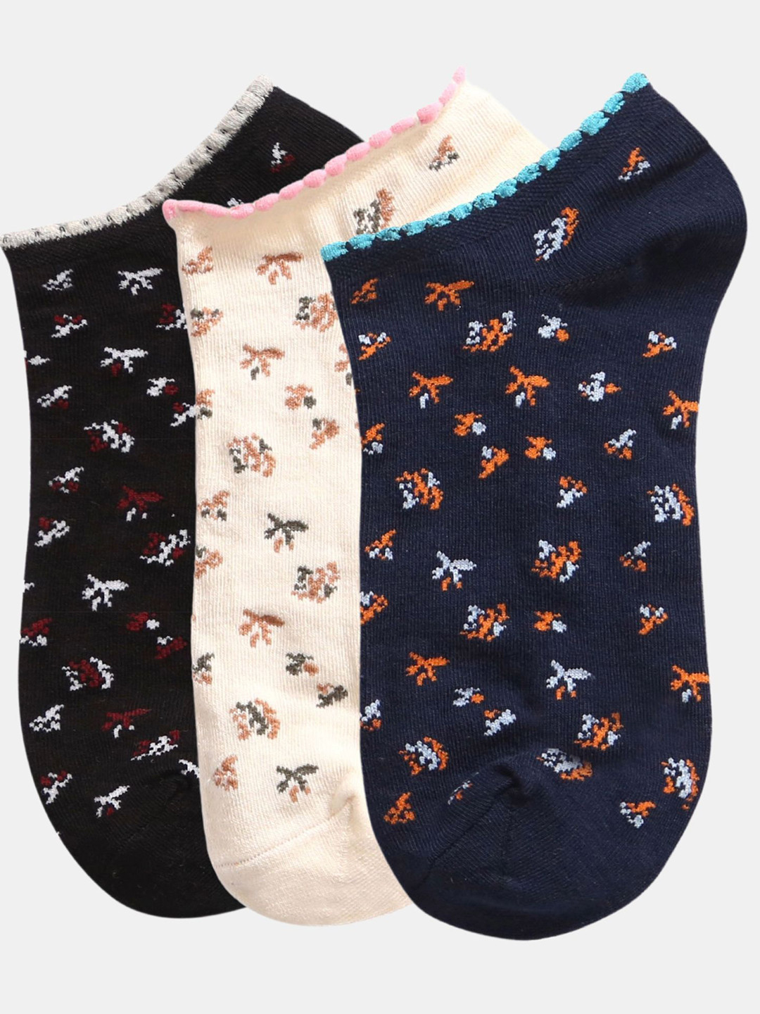 N2S NEXT2SKIN Women Pack Of 3 Blossom Pattern Cotton Ankle-Length Socks