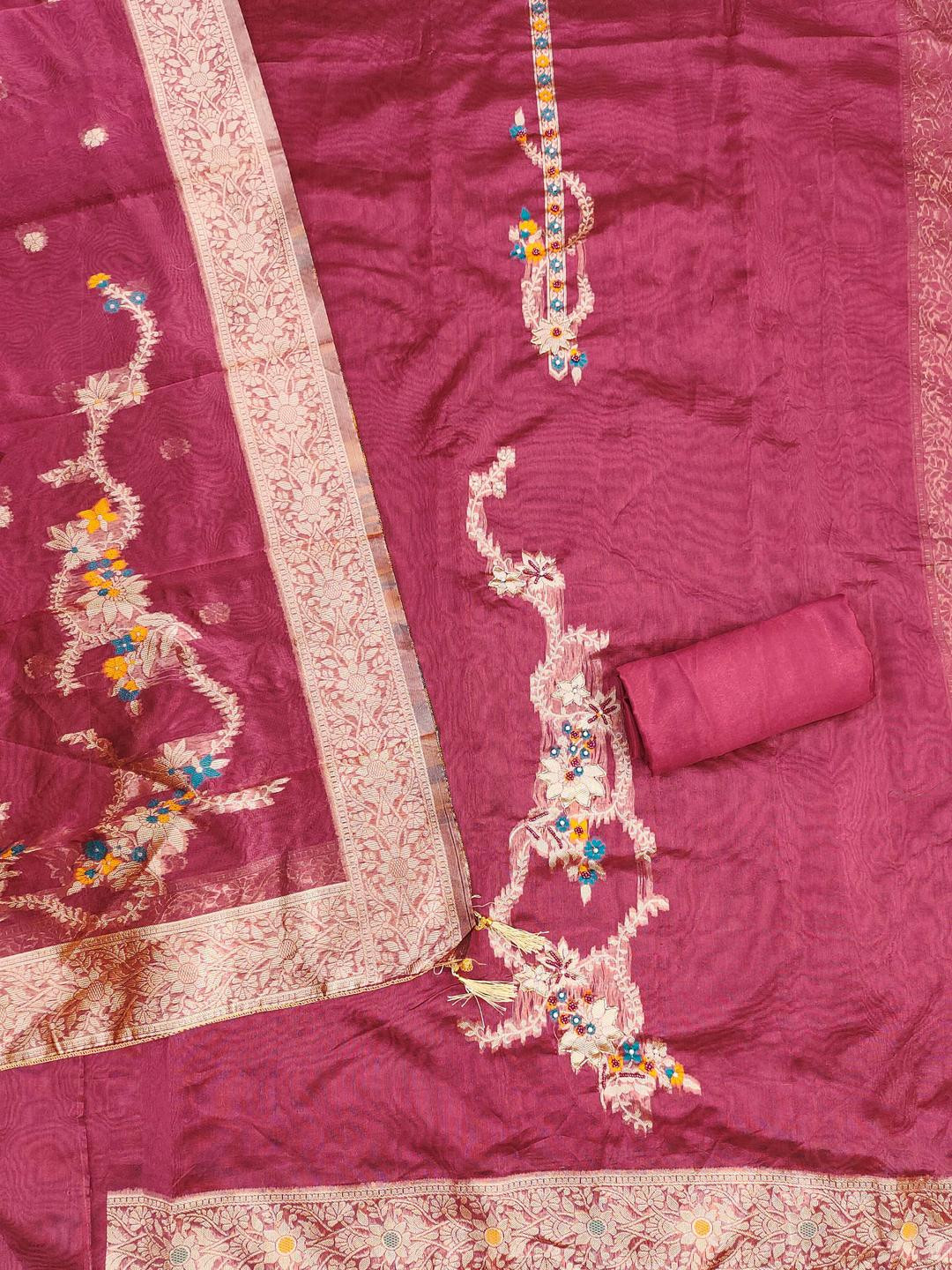 Kalini Women Pink Jacquard Hand Work Unstitched Dress Material with Dupatta