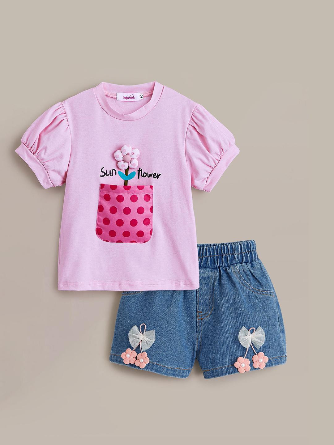 2-Pc Floral Applique T-shirt & Denim Shorts