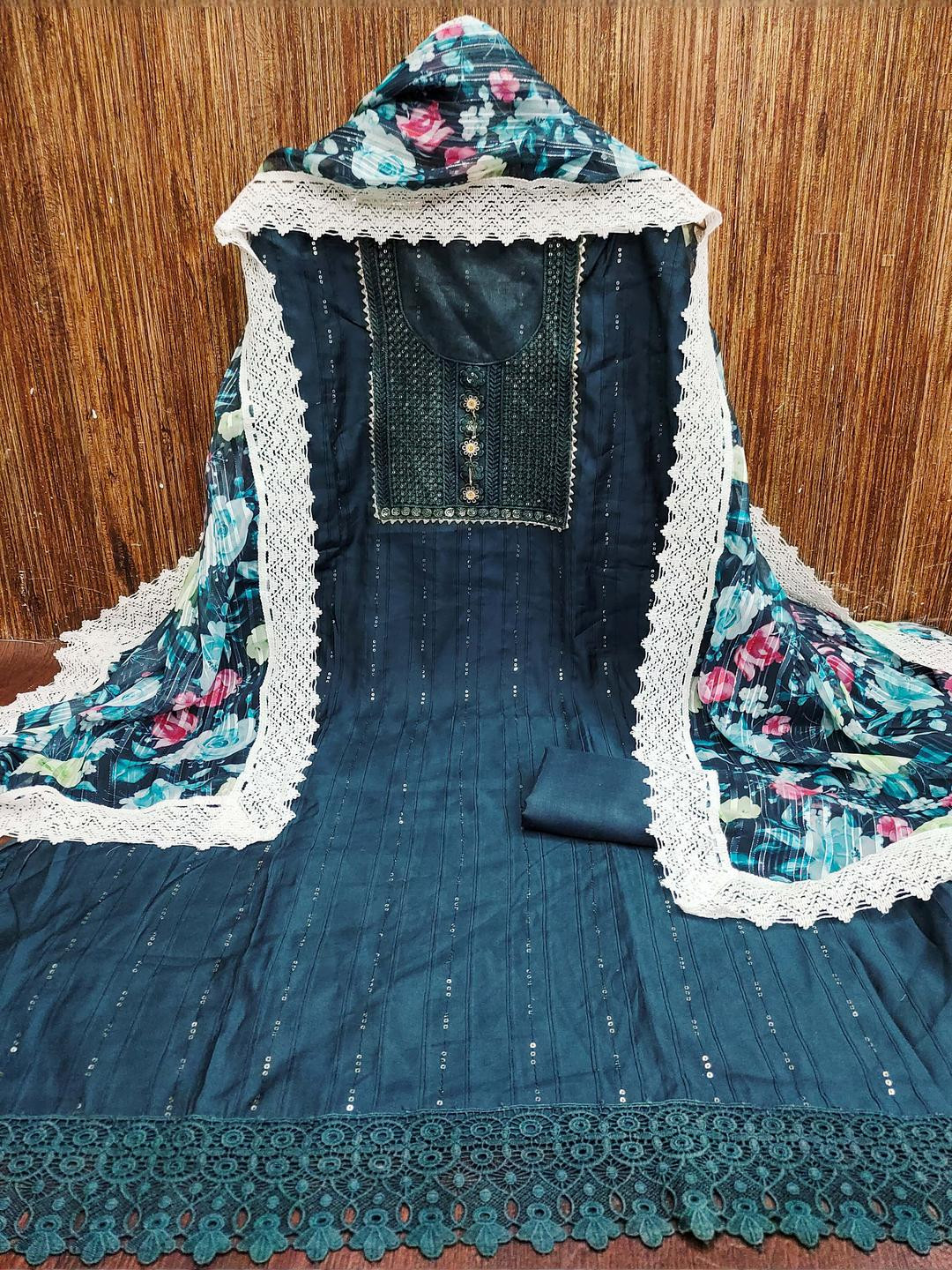 Kalini Women Teal Roman Silk Sequence Unstitched Dress Material with Dupatta