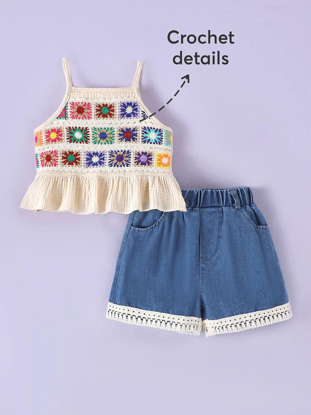2-Piece Crochet Blouse and Denim Shorts