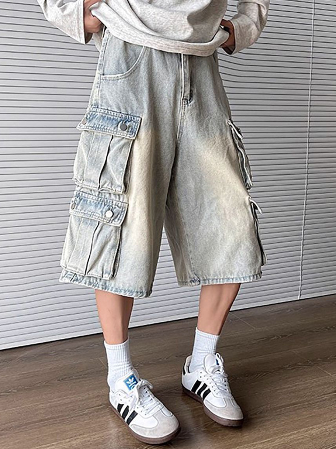 StyleCast Men Washed Loose Fit Below Knee Cargo Denim Shorts