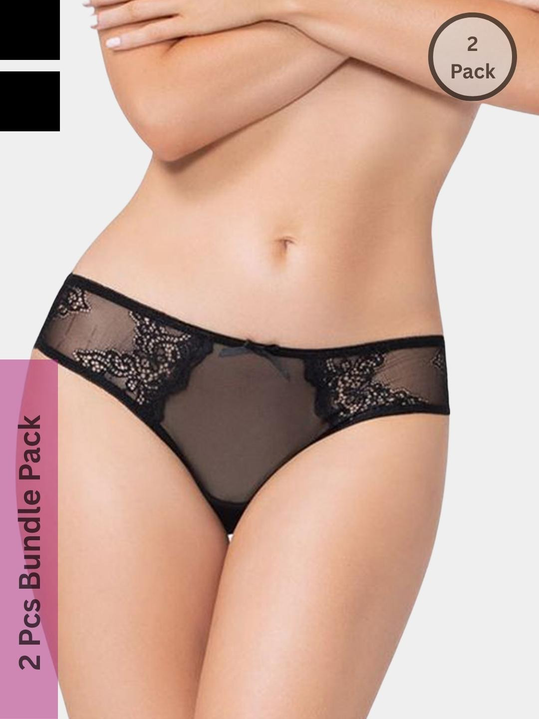 SweetFlirt Enterprises Women 2 Pc Black Hipster Thong Briefs