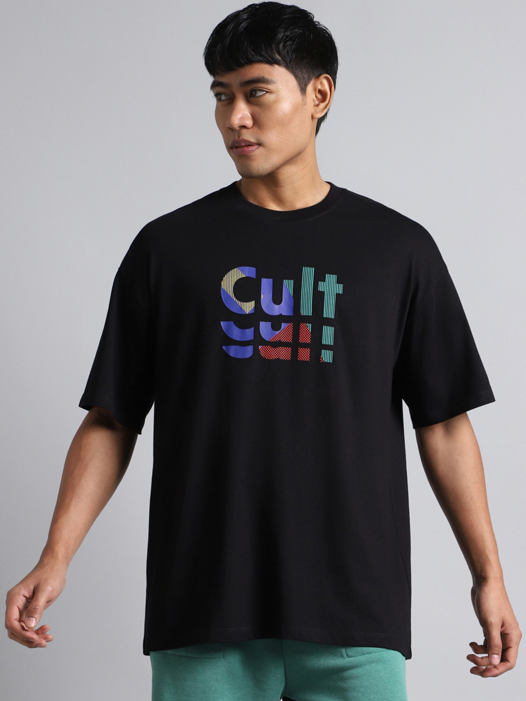 CULT Men Black Cult Graphic Oversized Fit T-shirt