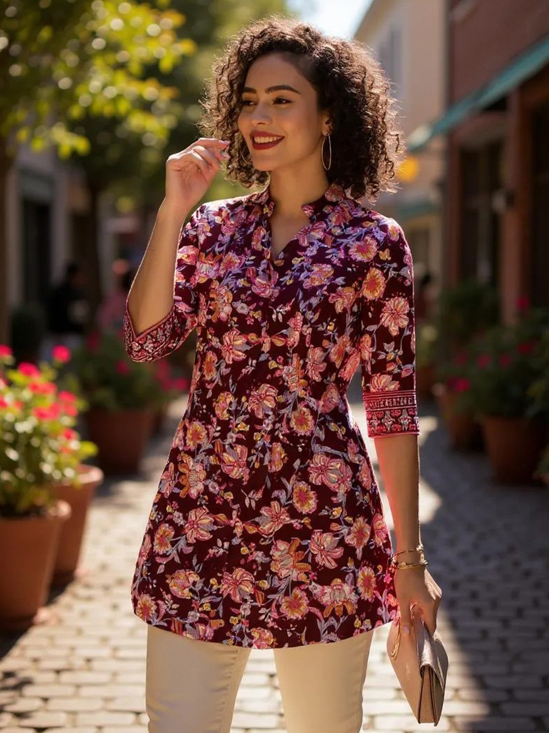 Hive91 Floral Printed Mandarin Collar Tunic