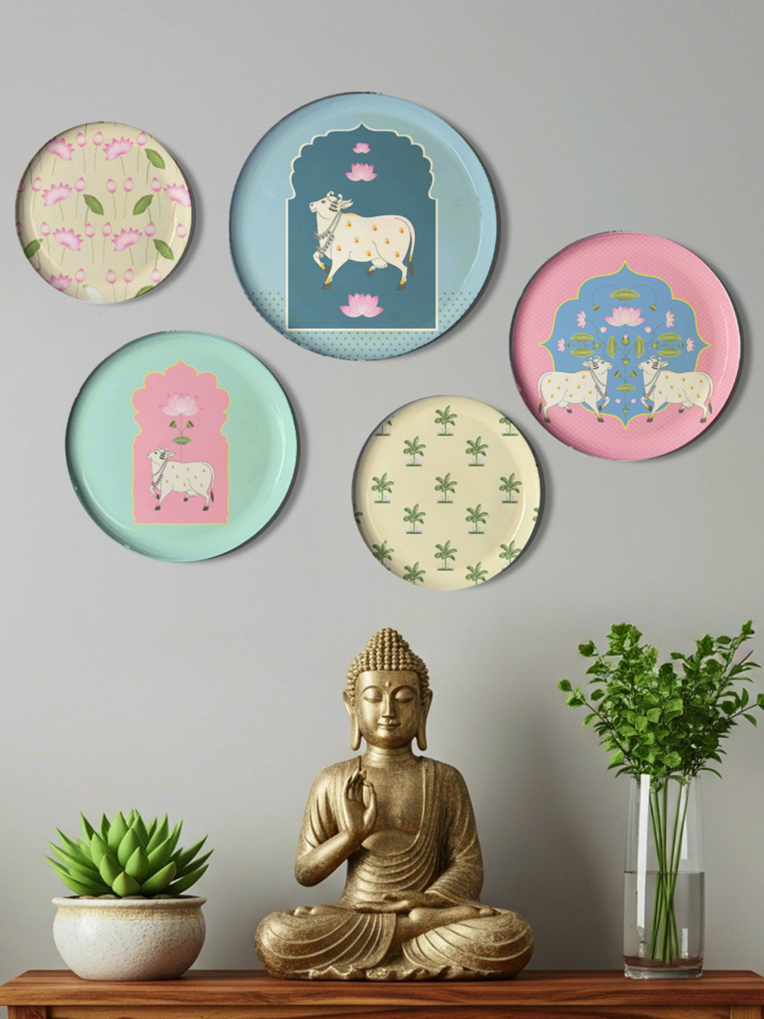 DESSINE ART 5Pcs Blue & Pink Printed Metal Wall Plates