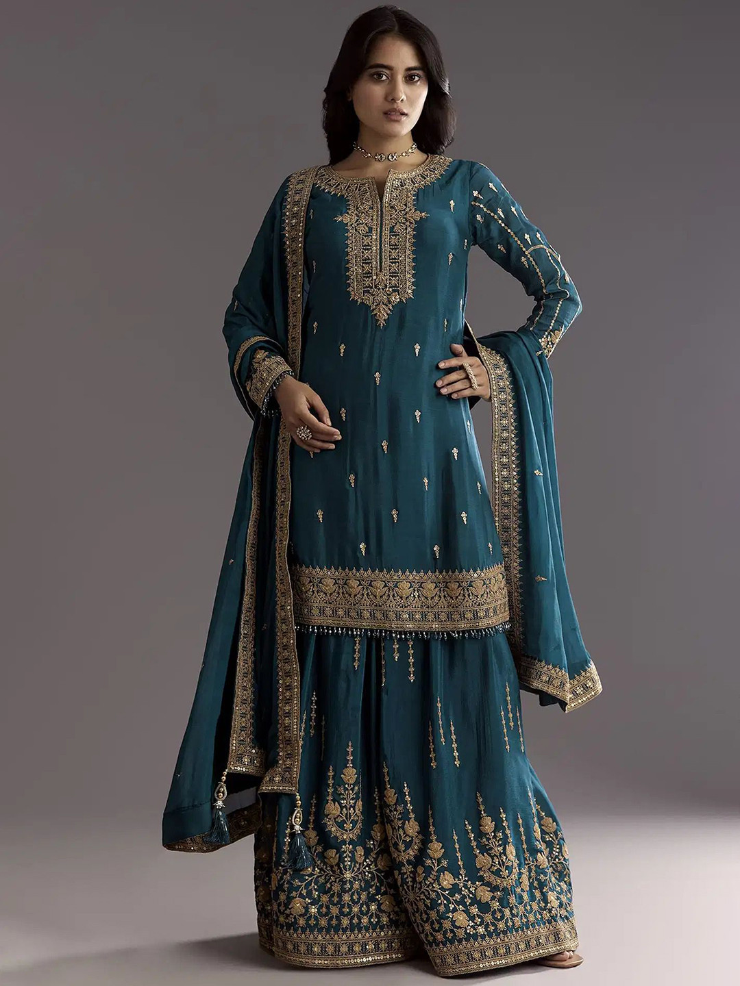 ANGHANBROTHERS Women Ethnic Motifs Embroidered Kurta with Palazzos & Dupatta