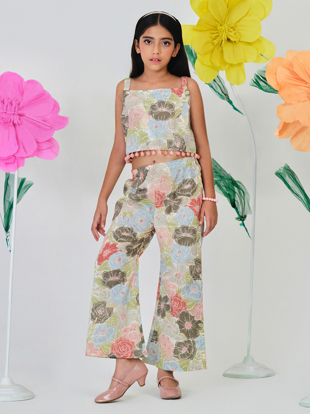 YK X Trampoline Girls Cotton Woven Sleeveless Floral Printed Crop Top & Palazzo Pants