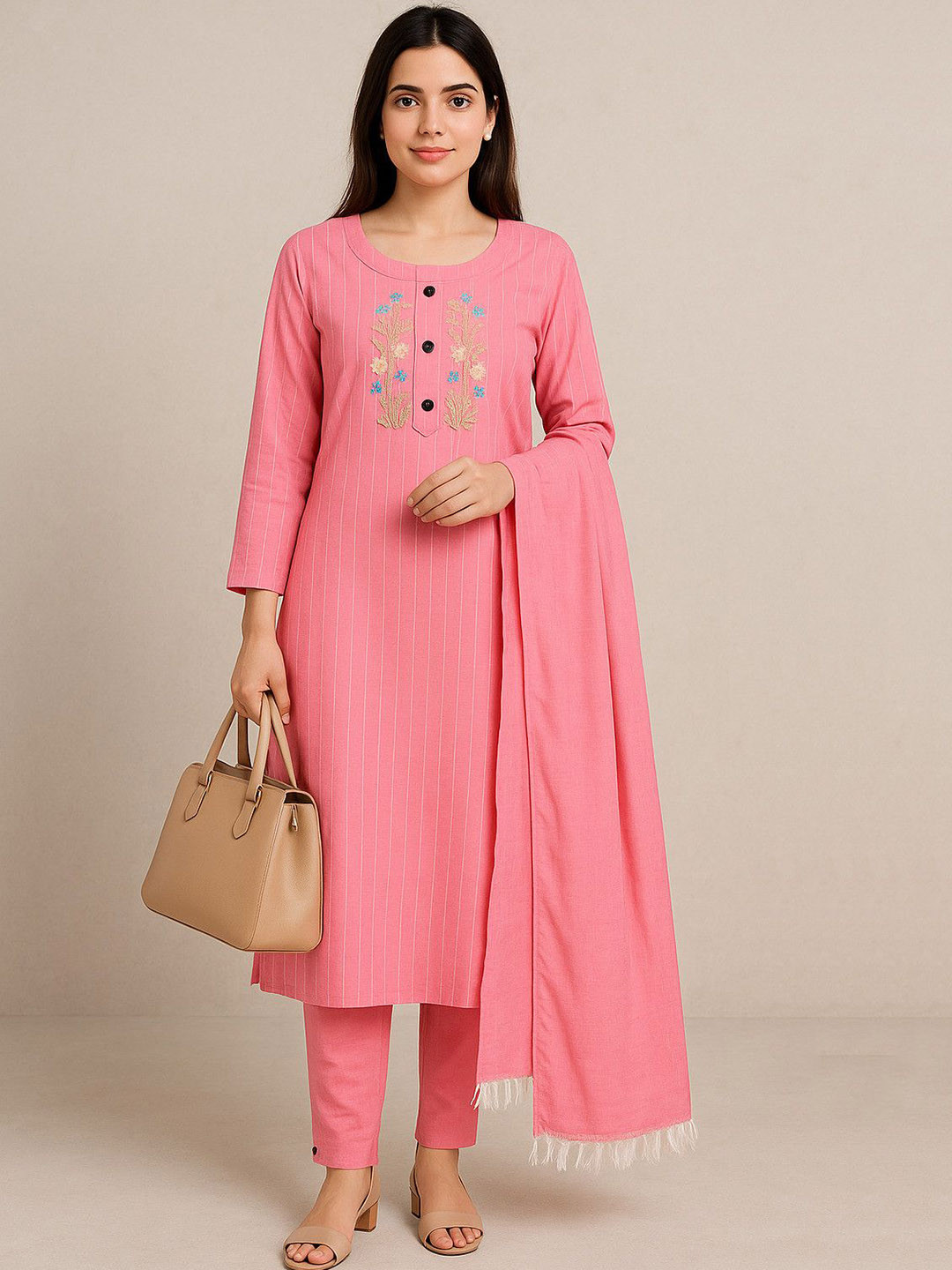 Fashion Club Collection Floral Embroidered Thread Work Kurta With Trousers & Dupatta