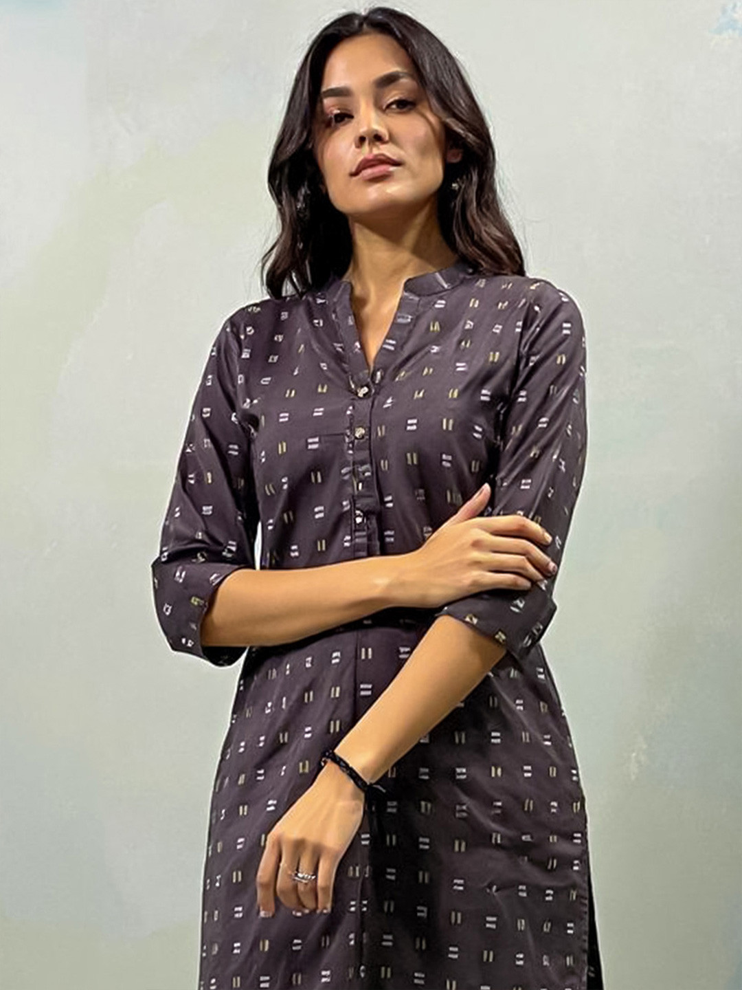 Indo Era Women Ethnic Motifs Printed Mandarin Collar Roll-Up Sleeves Straight Kurta
