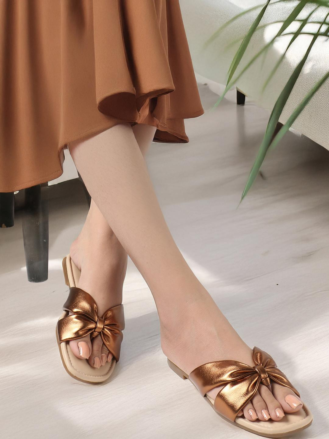 CORSICA Women Golden Synthetic Slip On Open Toe Flats With TPR Sole
