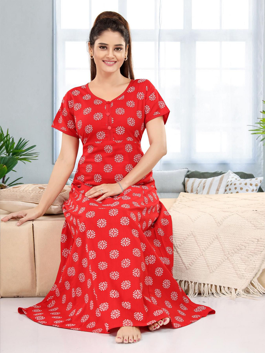 NIGHTY KING Bandhani Printed Short Sleeves Pure Cotton Maxi Nightdress