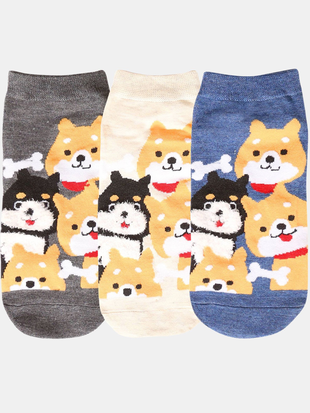 N2S NEXT2SKIN Women Pack Of 3 Puppy Pattern Cotton Ankle-Length Socks