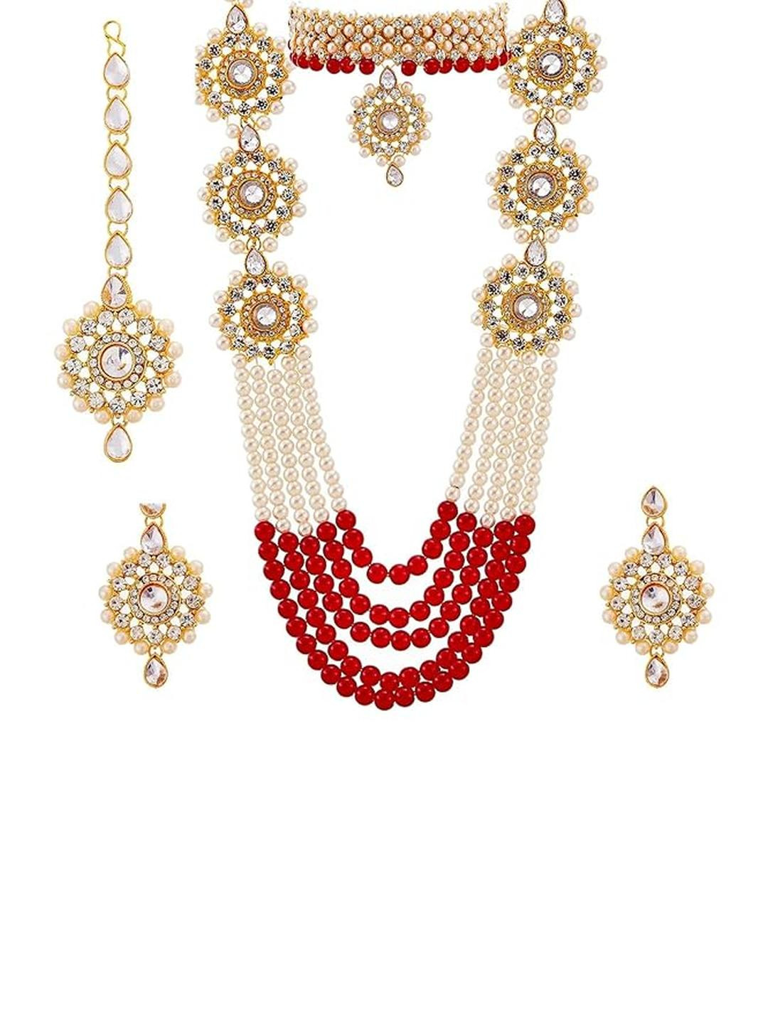 Eyes Blings Women Red Gold Plated Artificial Stones and Beads Traditional Jewellery Set