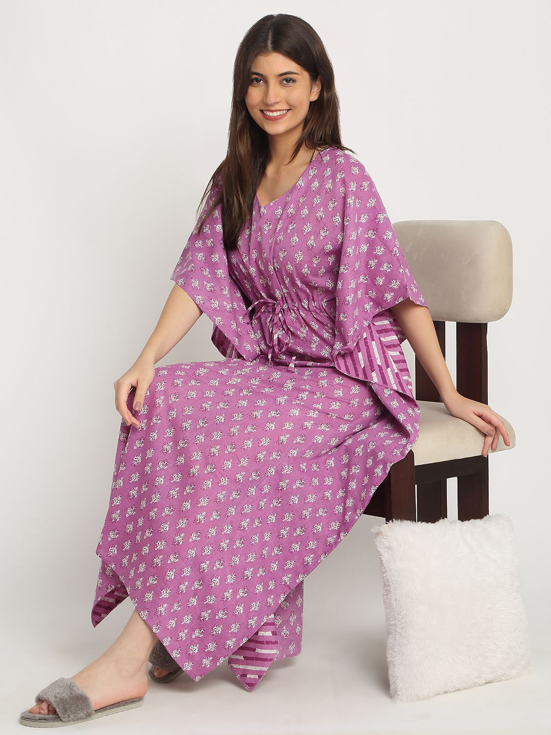 Sweet Dreams Floral Printed V-Neck Pure CottonMaxi Kaftan Nightdress