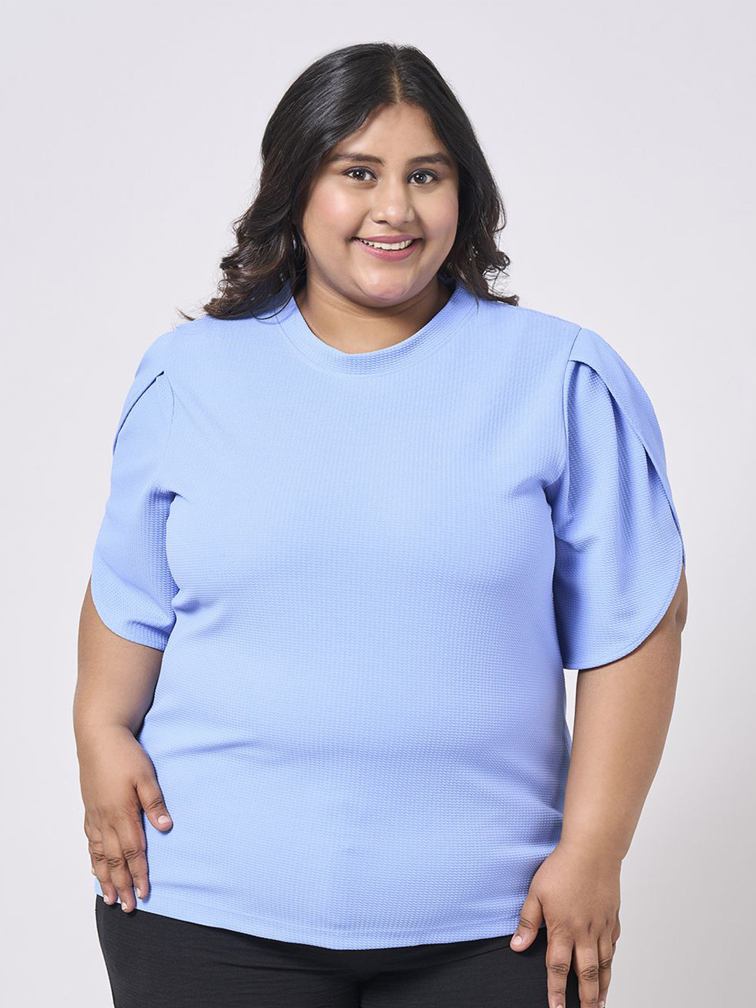 Style Quotient Women Plus Size Self Design Round Neck Slit Sleeve Top