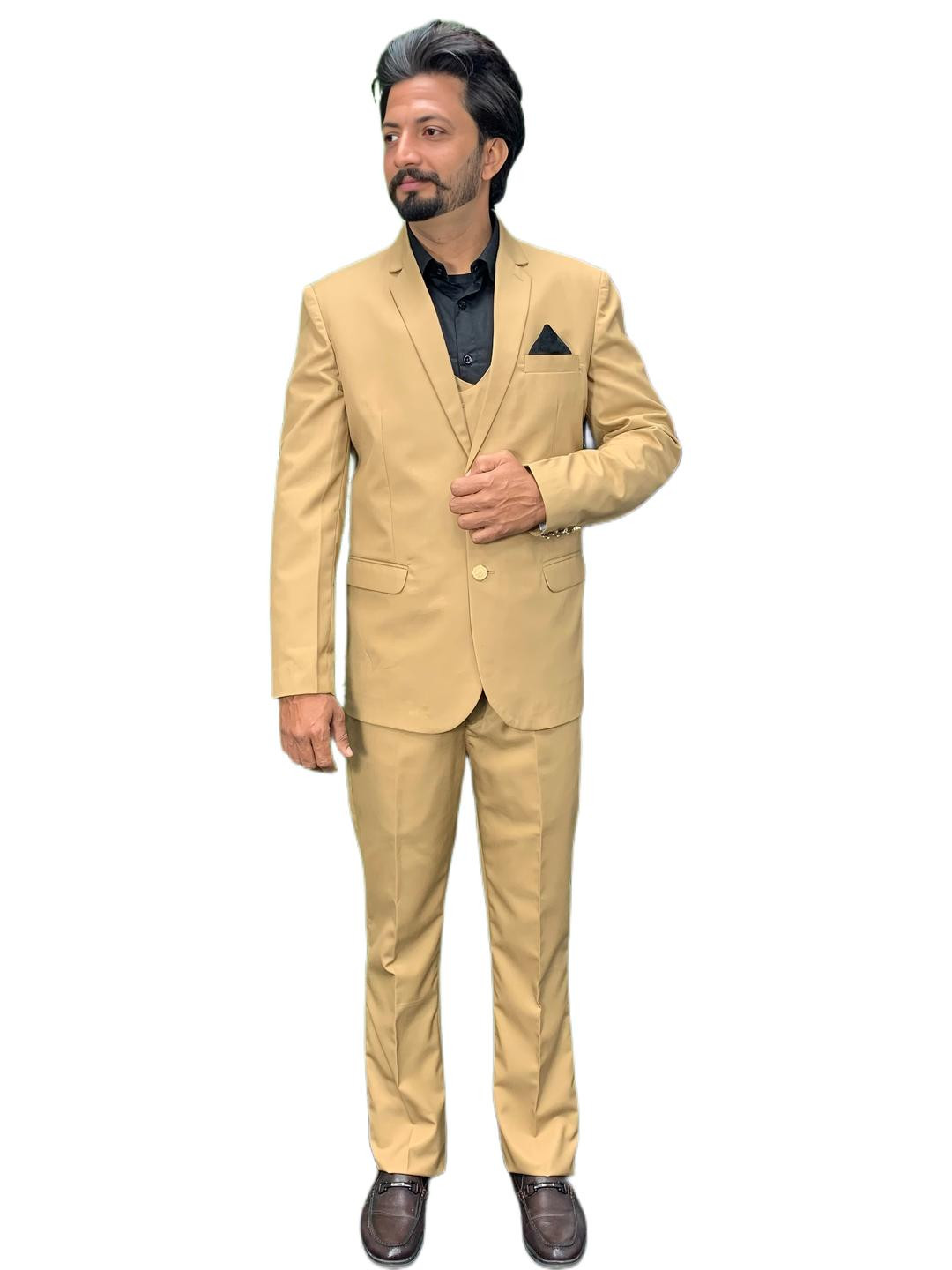 GARGIAN Master Cut Men Camel Brown Self Design Three Piece Suits