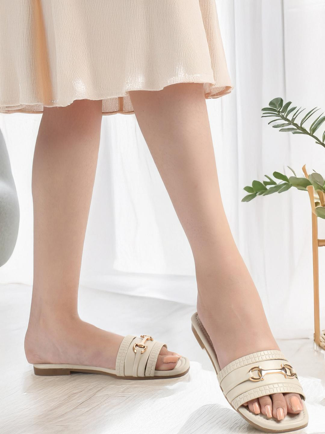 CORSICA Women Horse Bit Buckle Cream Open Toe Flats