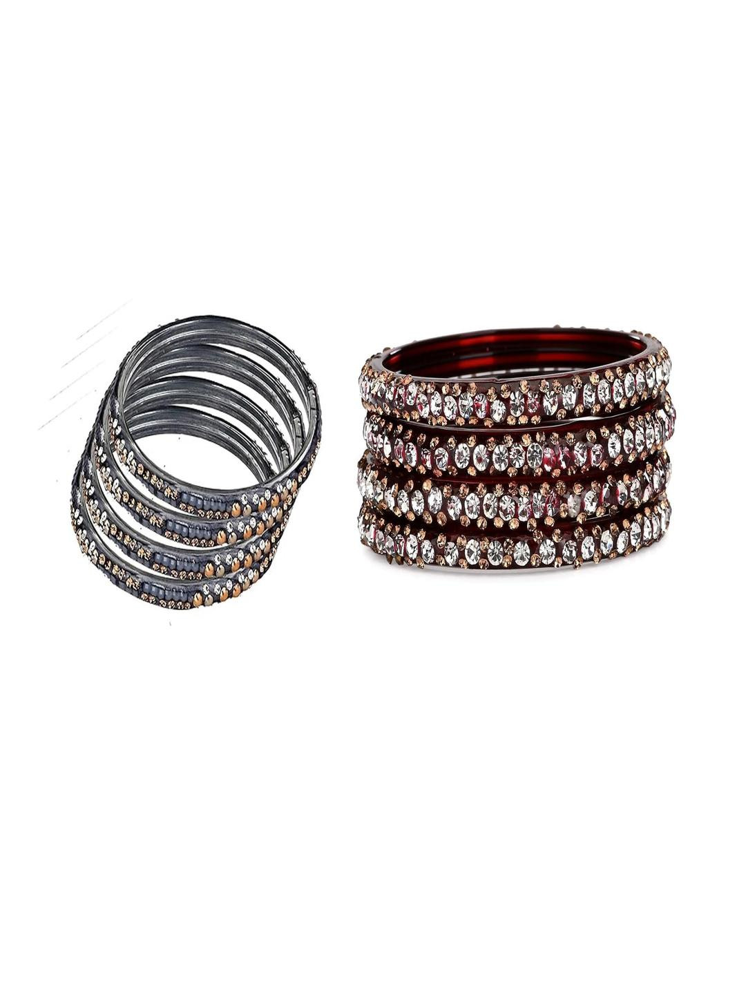 SOMIL Women Pack of 8 Grey & Maroon Glass With Artificial Stone Bangles