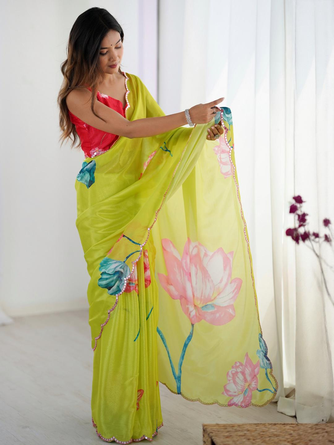 Sangria Women Yellow Floral Jaali Poly Chiffon Designer Saree With Blouse Piece